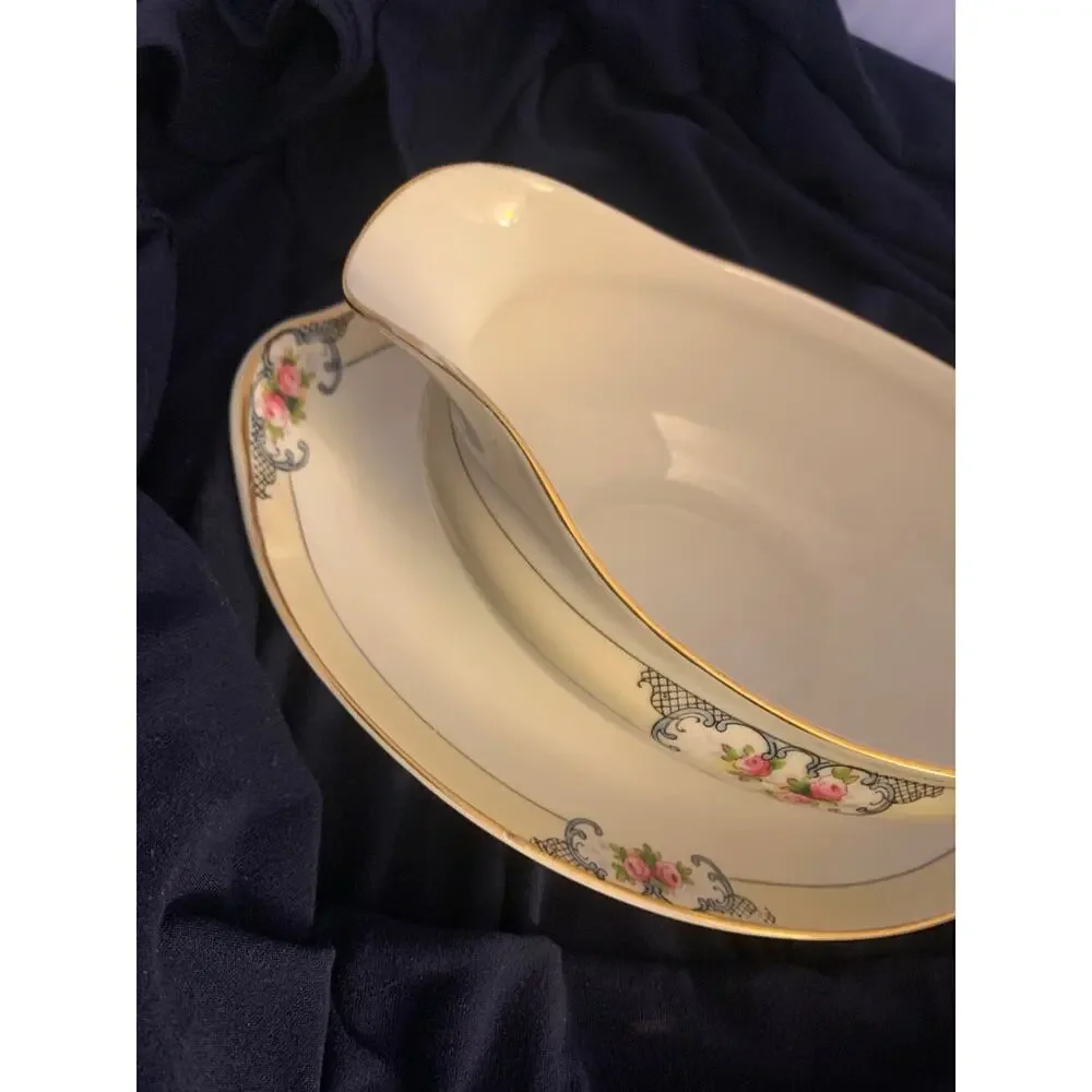 Vintage Japan Japanese China Dinnerware Gravy Boat Floral Flowers Scrollwork